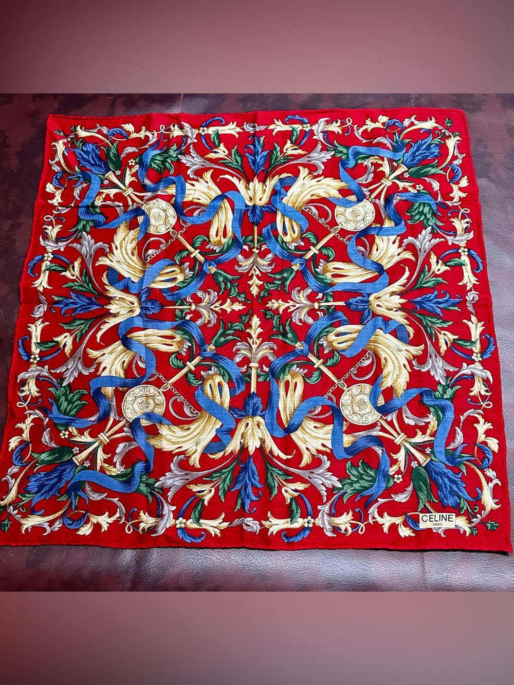 VINTAGE CELINE PARIS Baroque Ribbon Acanthus Scarf Handkerchief Silk Cotton
